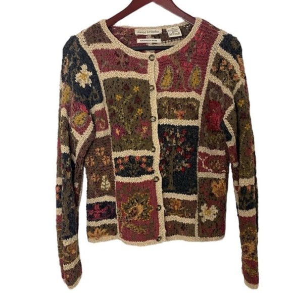 Vintage 90s Handmade Patchwork Jewelneck Button Down Cardigan in Maroon Silk - Picture 1 of 4